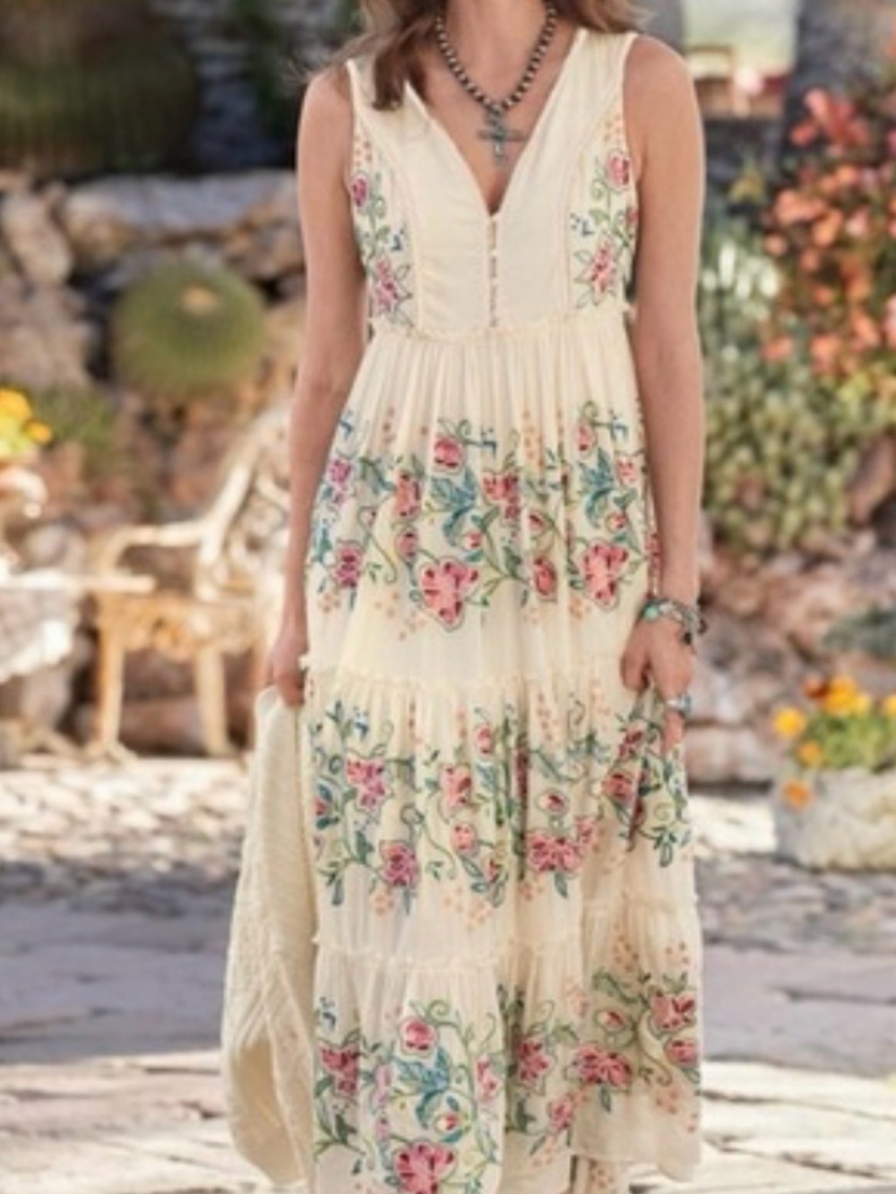 Sundance  Cream Floral Embroidered Maxi Dress
